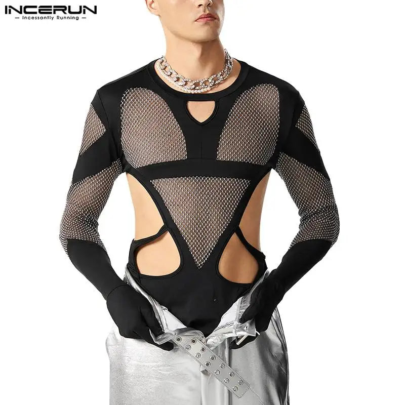 Men Bodysuits Mesh Patchwork Transparent Gloves 2023 Hollow Out Rompers Male T Shirts O-neck Long Sleeve Bodysuit S-5XL INCERUN