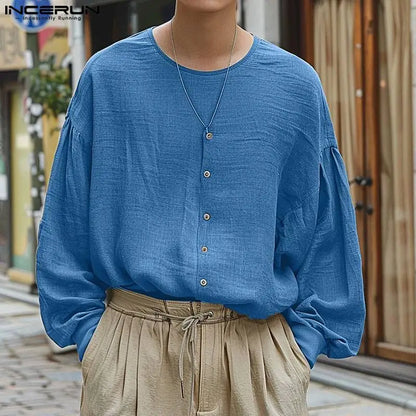 INCERUN Tops 2024 Korean Style Fashion Men's Solid Simple Shirt Casual Streetwear Male Hot Sale O-neck Long Sleeved Blouse S-5XL