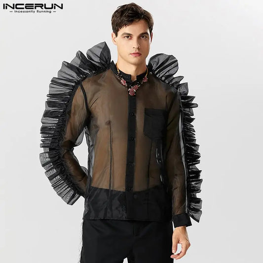 Casual Stylish Style Tops INCERUN Men's Fashion Sexy Pleated Mesh Shirts Handsome Male Patchwork Long Sleeved Blouse S-5XL 2023