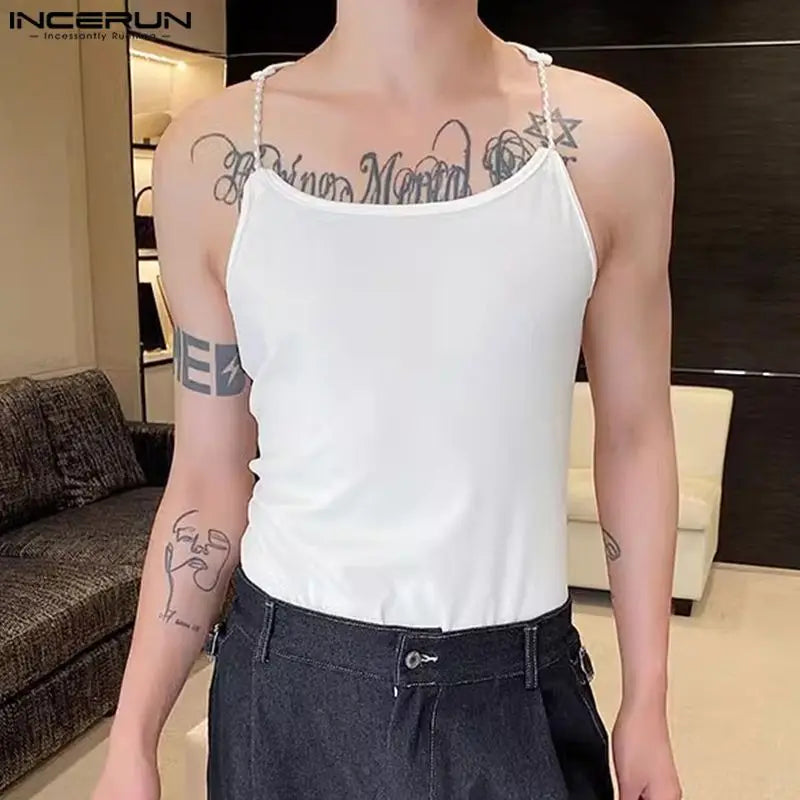 INCERUN Tops 2024 Korean Style New Men Knitted Shoulder Strap Design Tight Solid Vests Summer Casual Sleeveless Tank Tops S-5XL