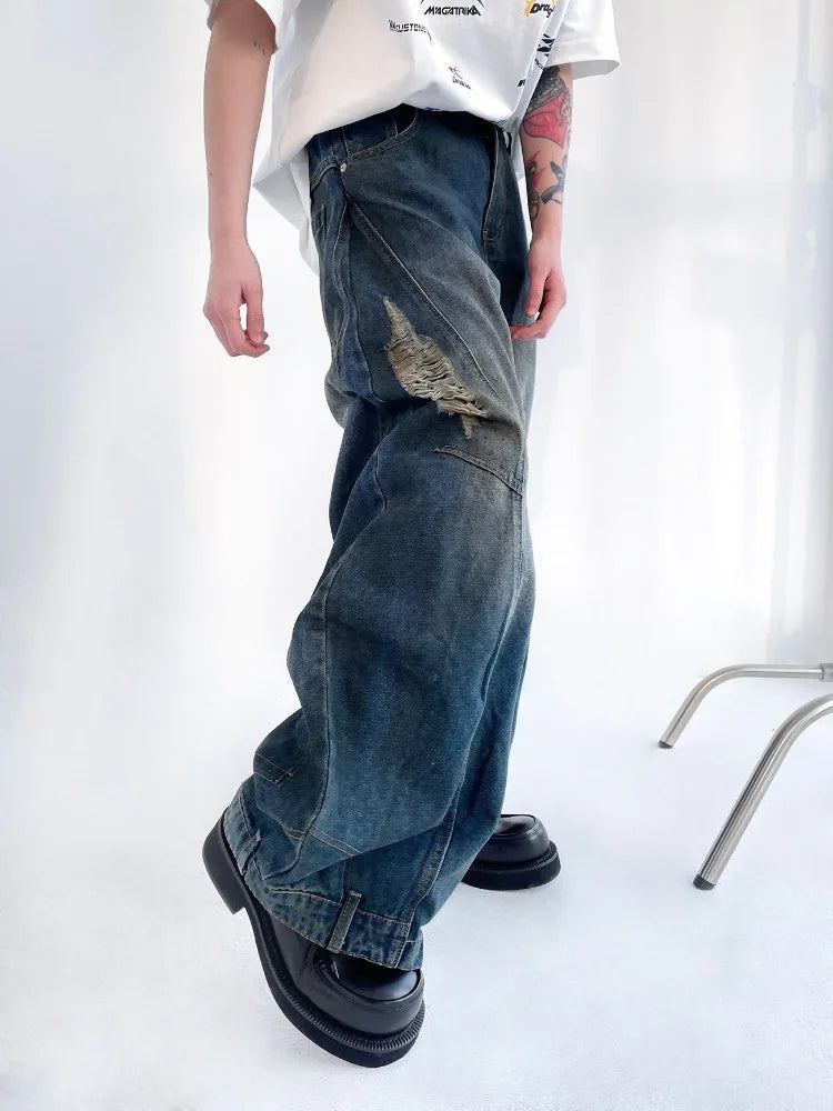 HOUZHOU Hip Hop Zerrissene Jeans Männer High Street Männlichen Distressed Denim Breite Bein Hosen Casual Hosen Vintage