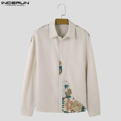 Fashion Casual Style Tops INCERUN 2024 Men Irregular Patchwork Lace Jacquard Shirt Handsome Male Long Sleeved Lapel Blouse S-5XL