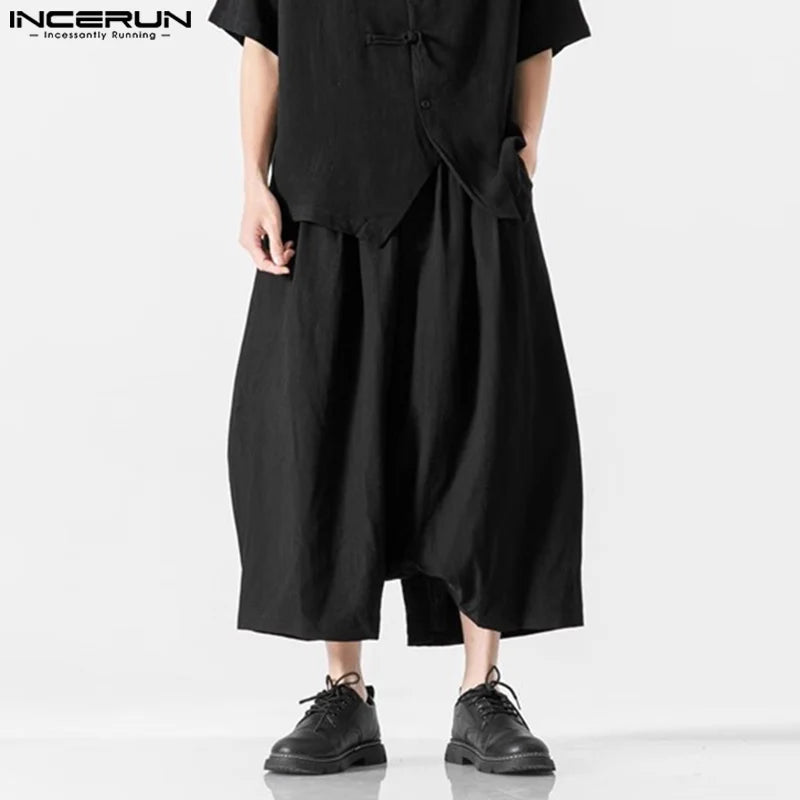 INCERUN 2024 Korean Style Trousers Stylish Men's Solid Wide Leg Lantern Pants Leisure Streetwear Loose All-match Pantalons S-5XL