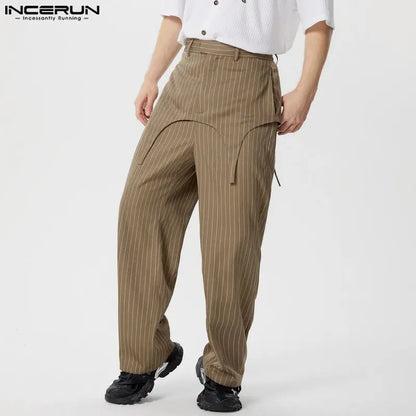 INCERUN 2024 Korean Style Trousers Men's Fashion Fake Two-piece Striped Straight Leg Pant Casual Streetwear Male Pantalons S-5XL