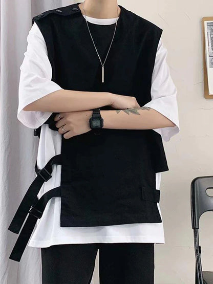 HOUZHOU Techwear Vest Men's T-shirt with Short Sleeves T-shirts Black Sleeveless Vest Men Coat Summer Streetwear Hip Hop