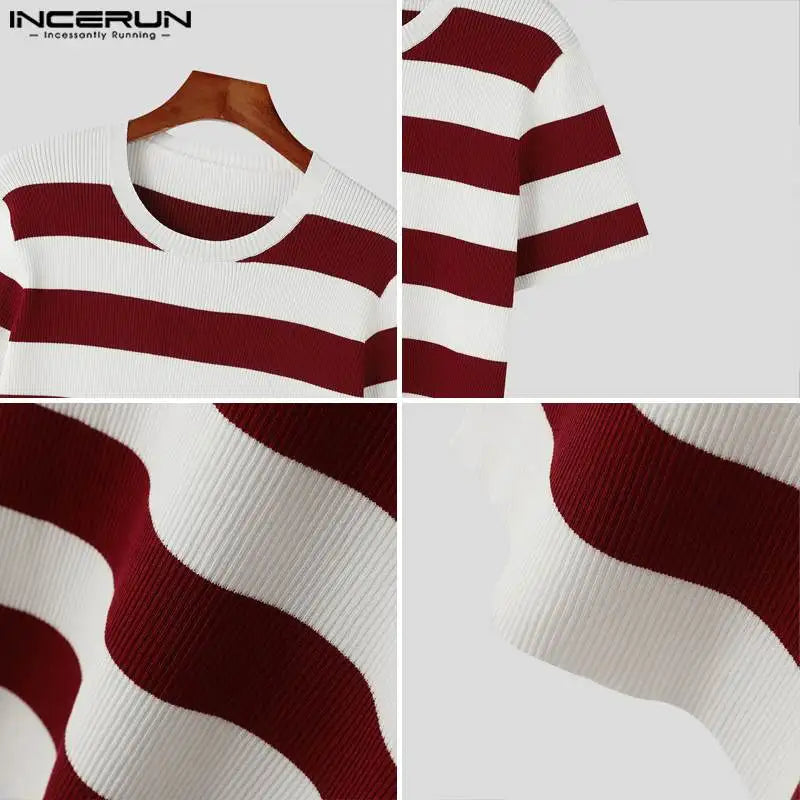 Handsome Well Fitting Tops INCERUN Men's Knitted Striped Design Sweaters Casual Streetwear O-neck Short Sleeved Pullovers S-5XL