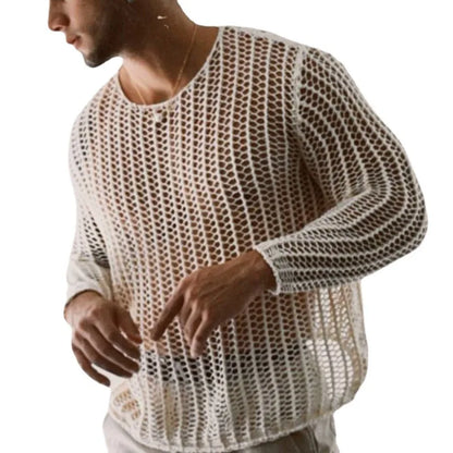 HOUZHOU Knit Mesh Top Men Transparent Sexy See Through Men Long Sleeve Tee Streetwear Men's Clothing Fishnet Muscle Undershirts