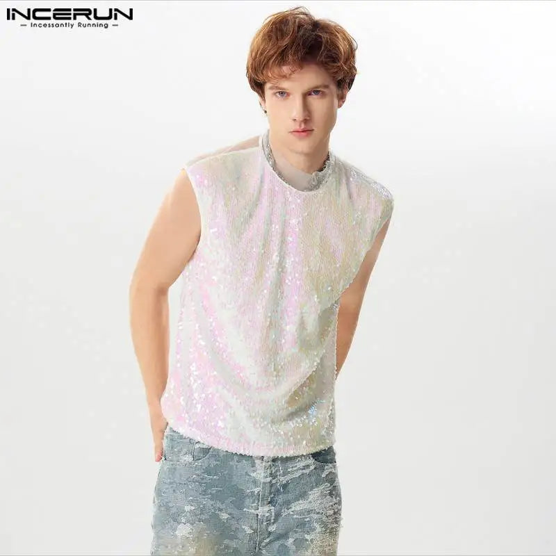 INCERUN Tops 2024 American Style Fashion Men Glittering Sequin Design Vests Male Personality Hot Sale Sleeveless Tank Tops S-5XL