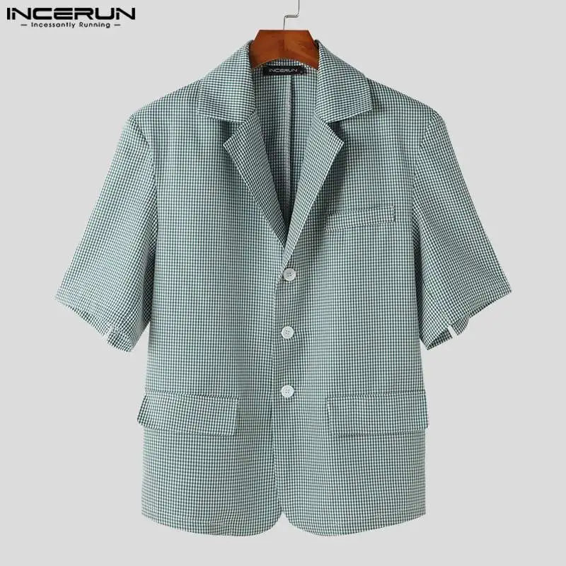 INCERUN Tops 2024 Koreanische Stil Neue Herrenmode Plaid Design Anzug Mäntel Casual Streetwear Männlichen Revers Kurzarm Blazer S-5XL