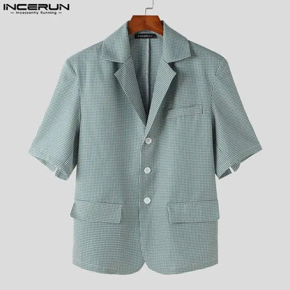 INCERUN Tops 2024 Korean Style New Men's Fashion Plaid Design Suit Coats Casual Streetwear Male Lapel Short Sleeved Blazer S-5XL