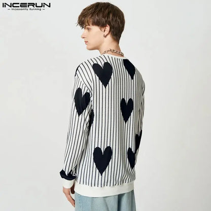 Stylish Funny Style Tops INCERUN Men's Love Stripe Printing Camiseta Casual Streetwear Male All-match Long Sleeve T-shirts S-5XL