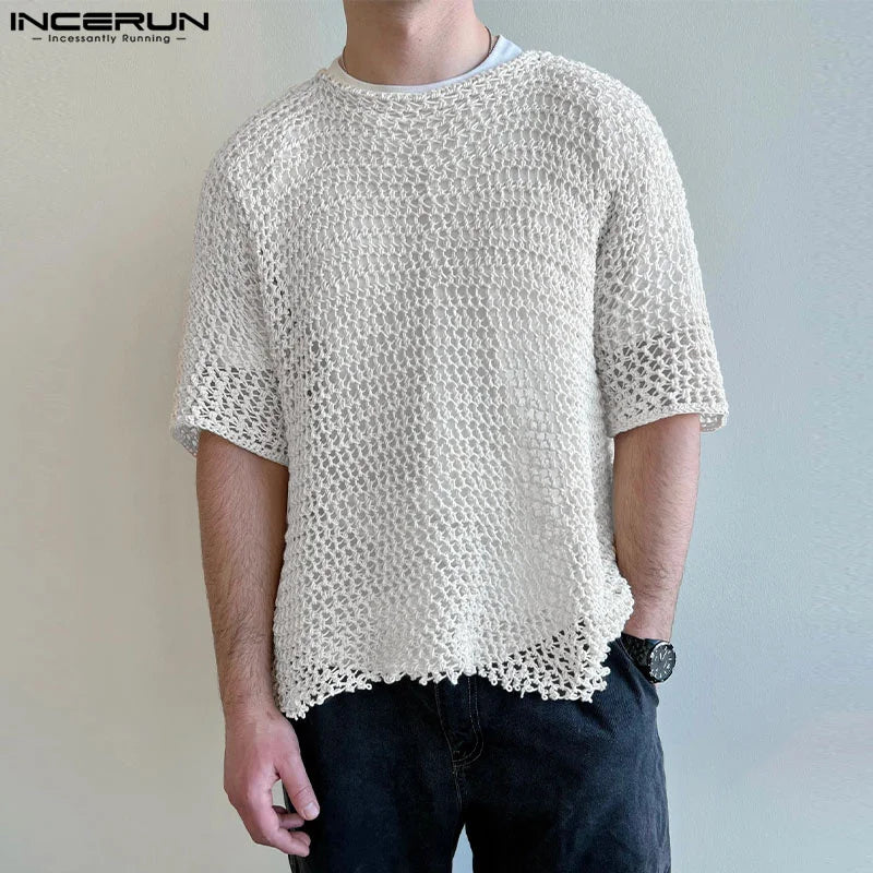 INCERUN Tops 2024 Amerikanischer Stil Mode Herren Mesh Ausgehöhltes Design T-Shirts Casual Streetwear O-Ausschnitt Halbarm Camiseta S-5XL