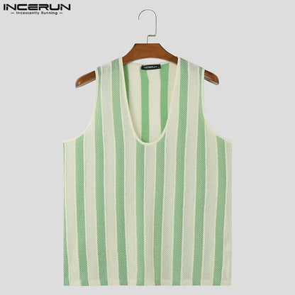 INCERUN Tops 2024 American Style Mens Striped Texture Sleeveless Vests Summer Casual Streetwear Male Hot Selling Tank Tops S-5XL