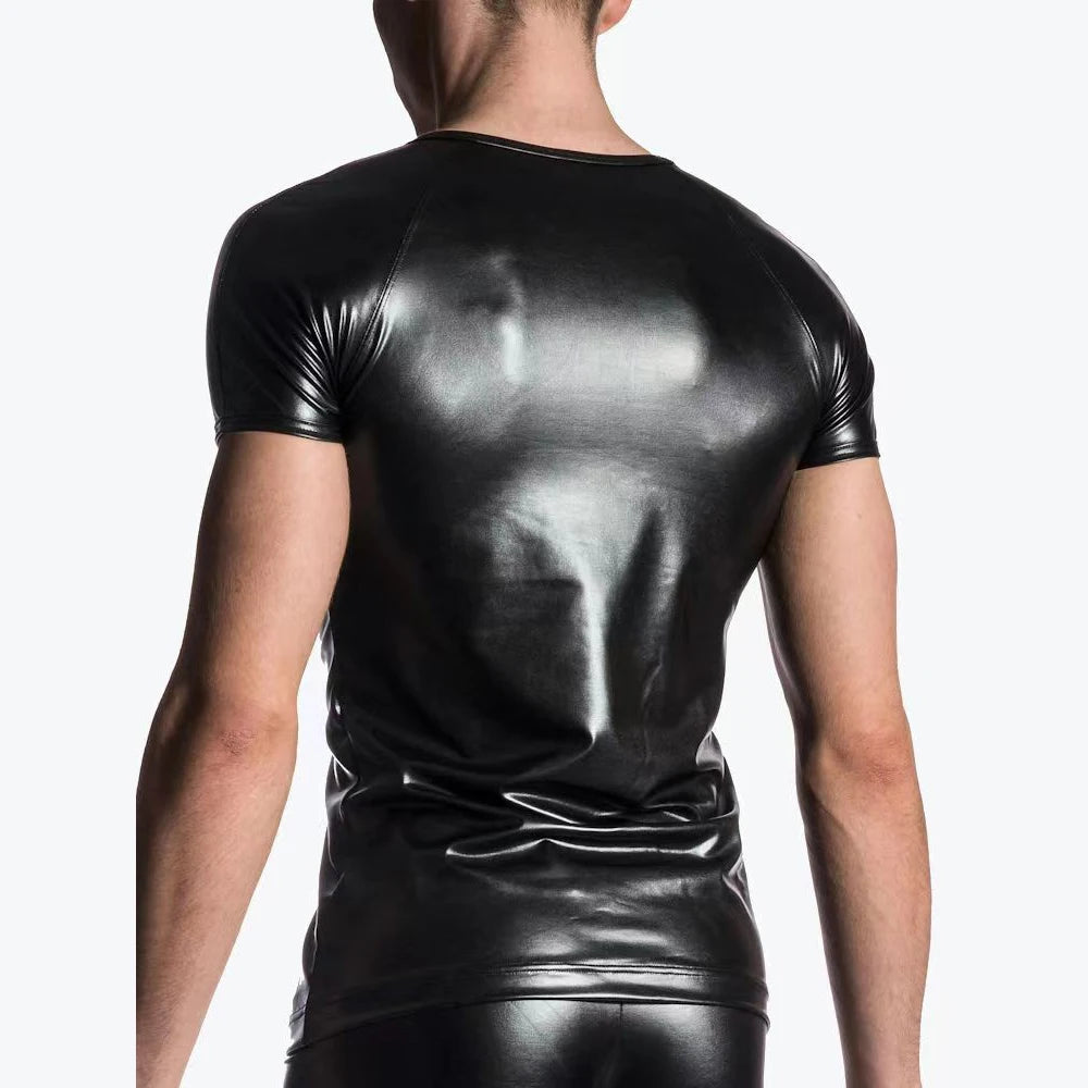 Men Stretch Faux Leather Short Sleeve Top T-Shirt PU Wet-Look Slim Bar Stage Performance Tee Slim Male Top T Shirts