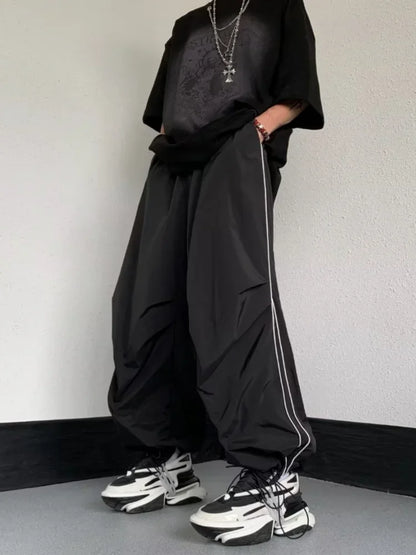 HOUZHOU Herren Sporthose Baggy Parachute Pants Y2K Oversize Jogger Streetwear Trainingsanzug Schwarze Hose mit weitem Bein