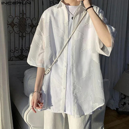 Fashion Well Fitting Tops INCERUN New Men Slightly Transparent Mesh Shirts Casual Streetwear Thin Lapel Mid Sleeved Blouse S-5XL