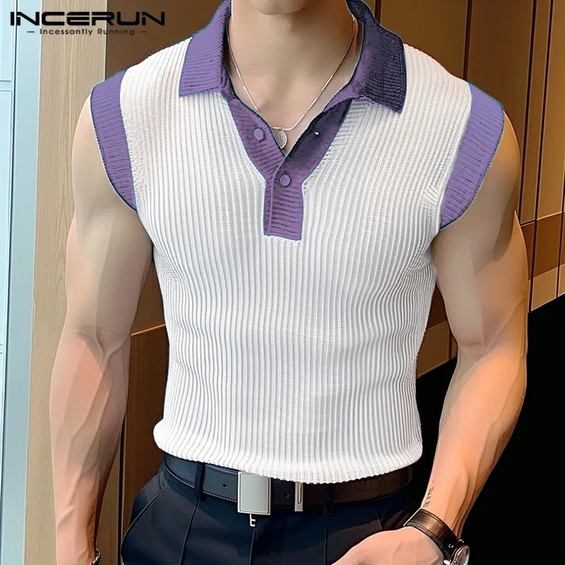 INCERUN Tops 2024 Korean Style Men's Knitted Contrast Color Design Vests Casual Streetwear Male Sleeveless Lapel Tank Tops S-5XL