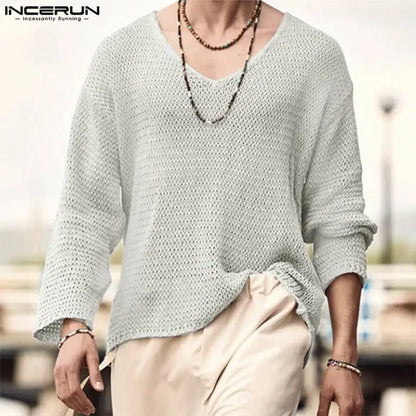 Stylish Hot Sale Tops INCERUN New Men All-match Simple V-neck Camiseta Casual Well Fitting Male Long Sleeve T-shirts S-5XL 2023