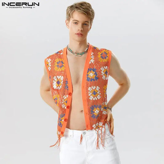 INCERUN Tops 2023 American Style New Men's Tracery Lace Tassel Vests Casual Streetwear Personality Loose V-neck Waistcoat S-5XL