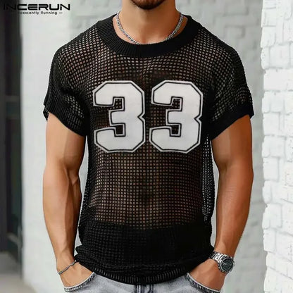 INCERUN Tops Style Américain Mode Hommes Maille Tissu Chiffres Imprimé T-shirt Personnalité Décontractée Col Rond Manches Courtes Camiseta S-5XL