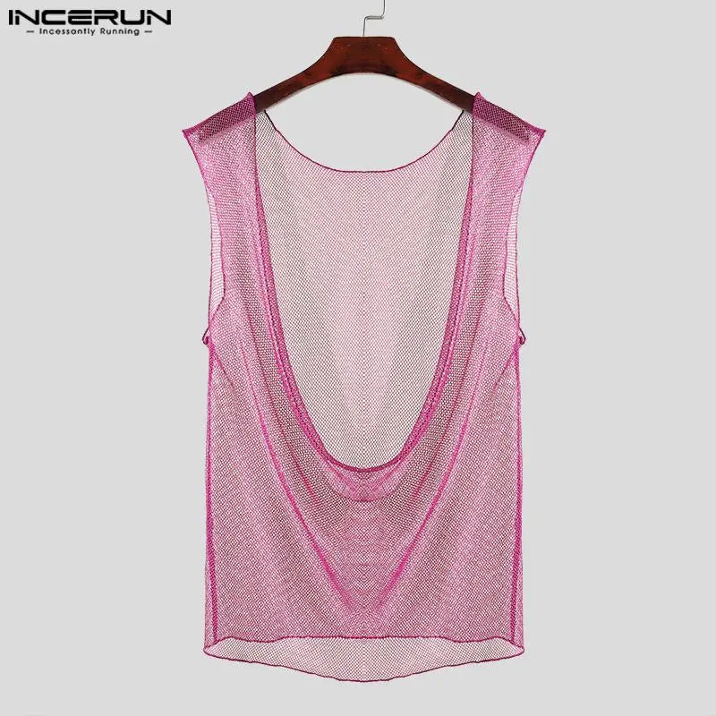 Summer Top Tee INCERUN Men Round Neck Sleeveless Tank Tops Backless Low Cut Mesh Transparent Men Clothing Oversized S-5XL