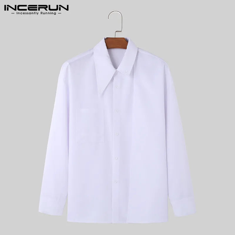 Handsome Well Fitting Tops New Men Pointed Neck Buckle Design Shirts INCERUN 2024 Fashion Casual Solid Long Sleeved Blouse S-5XL