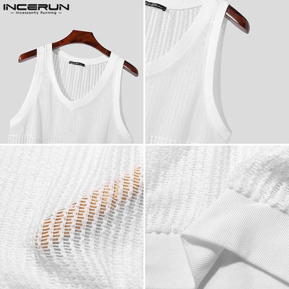 INCERUN Tops 2024 Korean Style Fashion Men Hollow Patchwork Grid Design Vests Casual Simple Male Thin Sleeveless Tank Tops S-5XL