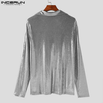 INCERUN Tops 2024 American Style Fashion Mens Large V-neck Glossy Fabric Shirts Casual Clubwear Male Long Sleeved Camiseta S-5XL