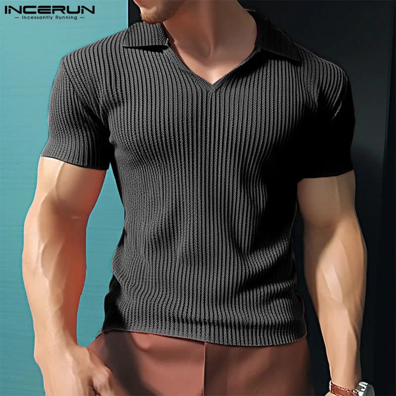 INCERUN Tops 2024 Korean Style New Men Loose Textured Solid Color T-shirts Casual Simple Male Short Sleeved Lapel Camiseta S-5XL