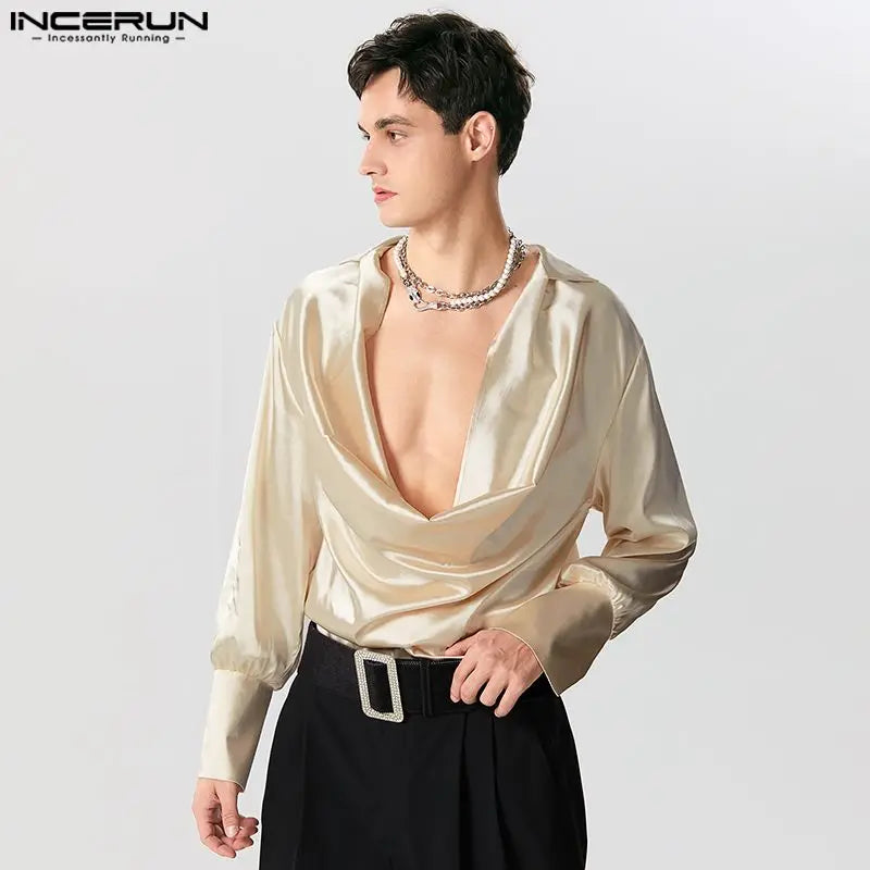 Men Shirt Solid Color V Neck Long Sleeve Satin Male Irregular Shirts Loose Streetwear 2023 Fashion Casual Camisas S-5XL INCERUN