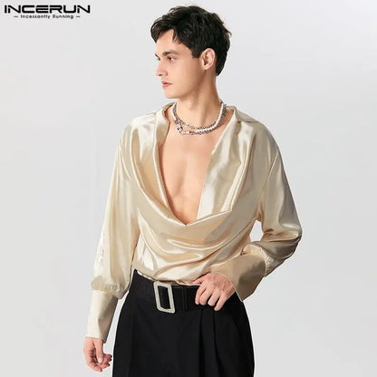 Men Shirt Solid Color V Neck Long Sleeve Satin Male Irregular Shirts Loose Streetwear 2023 Fashion Casual Camisas S-5XL INCERUN