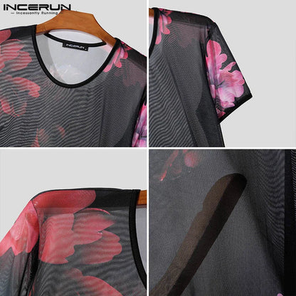 INCERUN Tops 2024 American Style Men's Perspective Flower Print Pattern T-shirt Fashion Casual Thin Short Sleeved Camiseta S-5XL