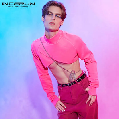 Fashion Men Crop Tops Solid Turtleneck Long Sleeve Sexy Casual Irregular Tops Undershirt Streetwear 2023 Camisetas INCERUN S-5XL