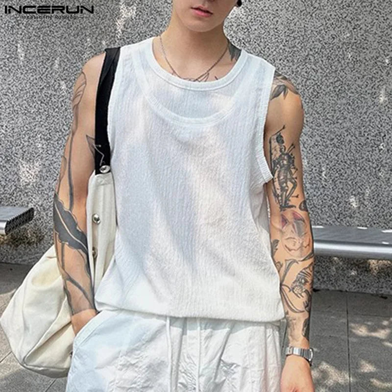 INCERUN Tops 2024 Korean Style Fashion Men Solid Splicing Fake Two-piece Vests Summer Casual Hot Sale Sleeveless Tank Tops S-5XL