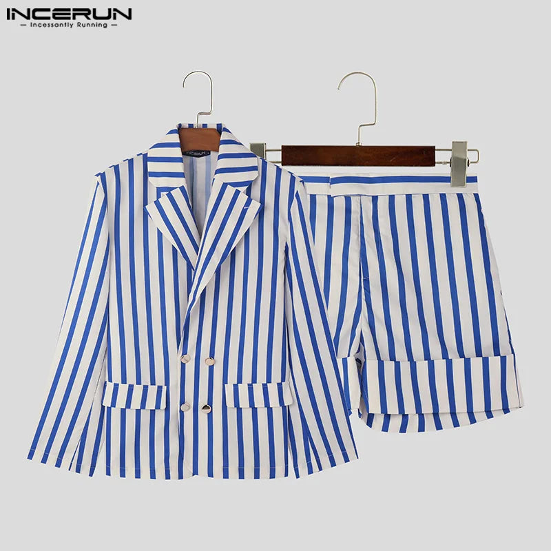 INCERUN 2024 American Style Sets Handsome Men's Fashion Striped Long Sleeved Suit Shorts Casual Streetwear Two-piece Sets S-5XL