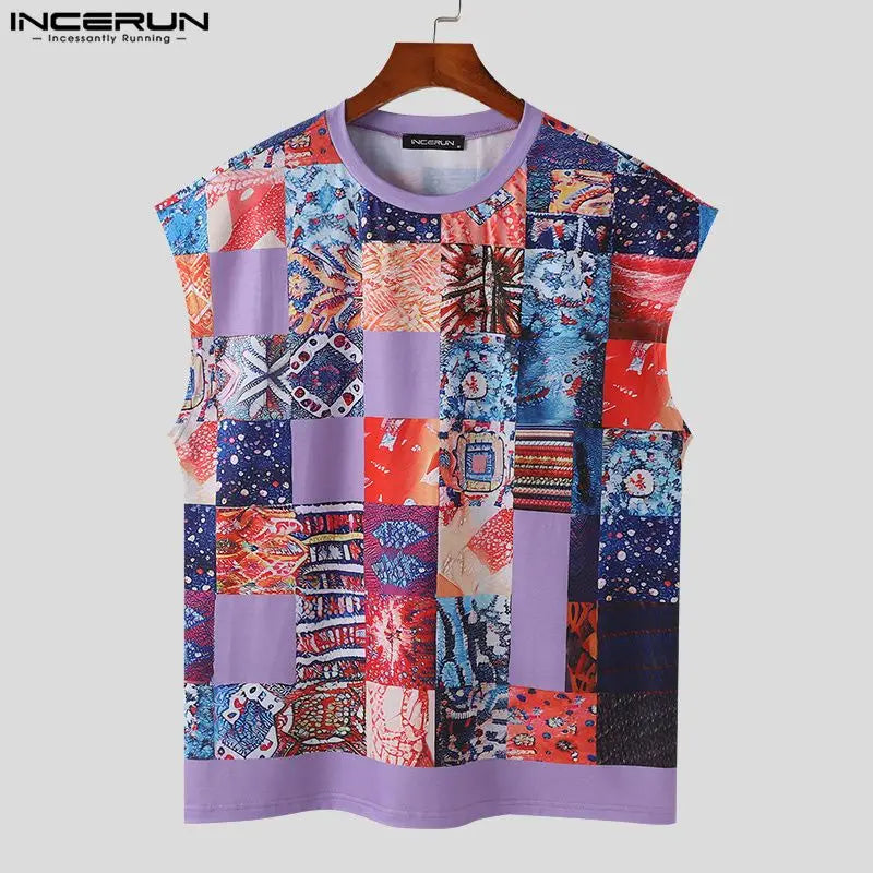 INCERUN Tops 2024 Handsome Men Personality Printed Patchwork Color Block Vests Male Streetwear O-neck Sleeveless Tank Tops S-5XL