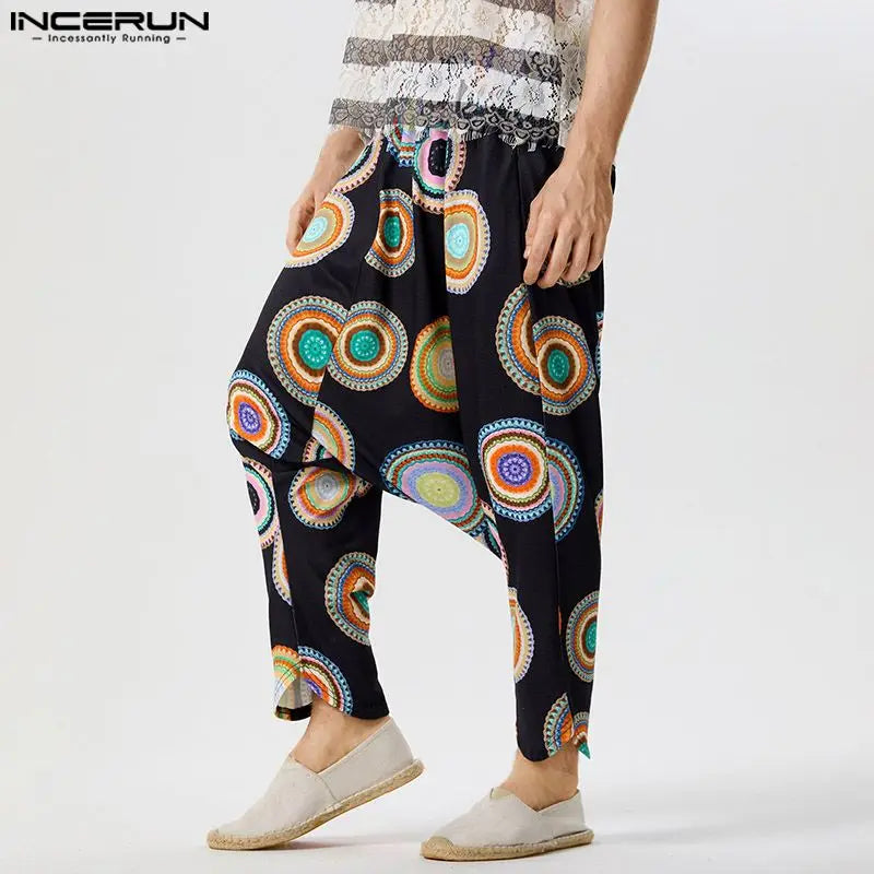 INCERUN 2023 American Style Mens Trousers Fashion Knitted Colorful Pantalons Casual Streetwear Tracery Print Harlan Pants S-5XL