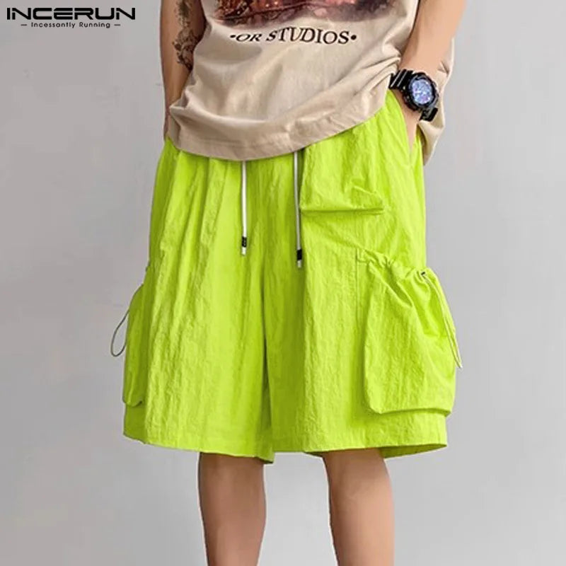 INCERUN 2024 Korean Style Shorts New Men Cargo Pockets Elastic Waist Drawstring Shorts Summer Stylish Solid Cropped Shorts S-5XL