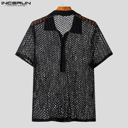 INCERUN Tops 2023 American Style Men's See-through Mesh Hollowed Shirts Casual Sexy Male Solid Short Sleeved Lapel Blouse S-5XL