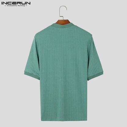 INCERUN Tops 2024 Korean Style Fashion New Men Stand Neck Striped Camiseta Casual Well Fitting Male Short Sleeved T-shirts S-5XL