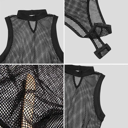 Men Bodysuit Underwear Mesh Patchwork Sleeveless Homewear See Through Thin Romper 2023 Breathable Sexy Men Bodysuits INCERUN