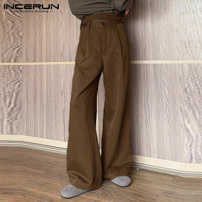 INCERUN 2024 Korean Style Mens Trousers Fashion High Waisted Crossover Design Long Pants Streetwear Straight Leg Pantalons S-5XL