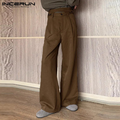 INCERUN 2024 Koreanische Stil Herren Hosen Mode Hohe Taille Crossover-Design Lange Hosen Streetwear Gerade Bein Pantalons S-5XL