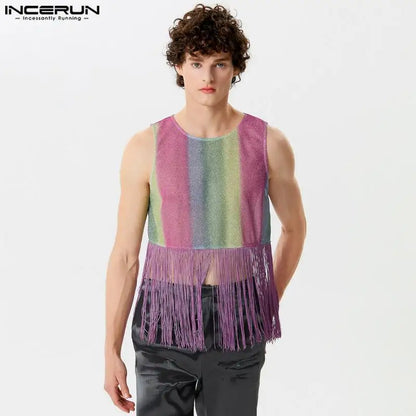 Fashion Casual Style Tops INCERUN New Mens Rainbow Gradient Tassel Patchwork Vests Male Clubwear Sleeveless Tank Tops S-5XL 2024