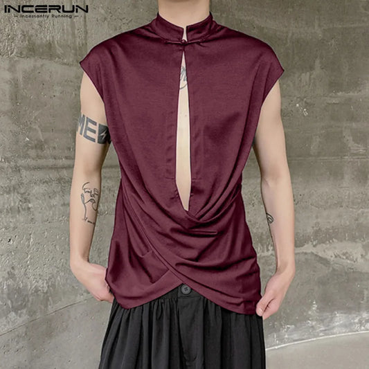 Casual Simple Style Tops INCERUN Men Stand Neck Buckle Cross Hollow Vests Summer Solid All-match Sleeveless Tank Tops S-5XL 2024