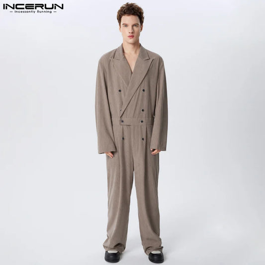 INCERUN 2024 American Style Rompers Stylish Men Solid Texture Jumpsuits Leisure Simple Male Striped Long Sleeved Jumpsuits S-5XL