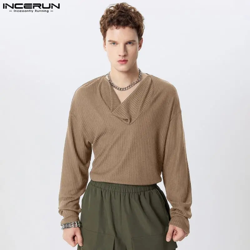 Handsome Well Fitting Tops INCERUN Men Loose Pile Neck Striped Pullovers Stylish Clubwear Solid Long Sleeved Sweaters S-3XL 2024