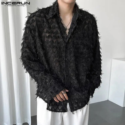 INCERUN Tops 2024 Korean Style New Mens Loose Tassel Perspective Design Shirts Casual Fashionable Male Long Sleeved Blouse S-5XL