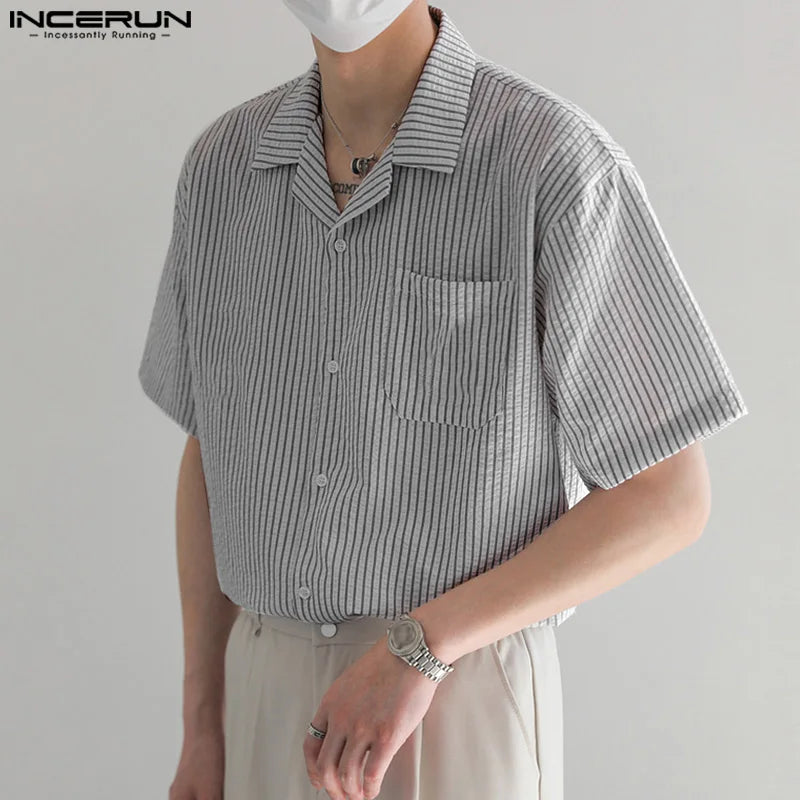 Fashion Casual Simple Style Tops INCERUN 2024 New Men Striped Collar Shirt Streetwear Summer Hot Sale Short Sleeved Blouse S-5XL