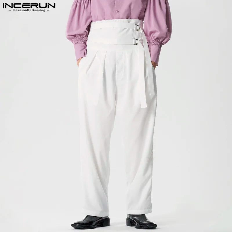 INCERUN 2024 Pantalons im amerikanischen Stil, stilvolle Herrenhose mit hoher Taille und Schnürung, einfarbige Hose mit weitem Bein, S-5XL